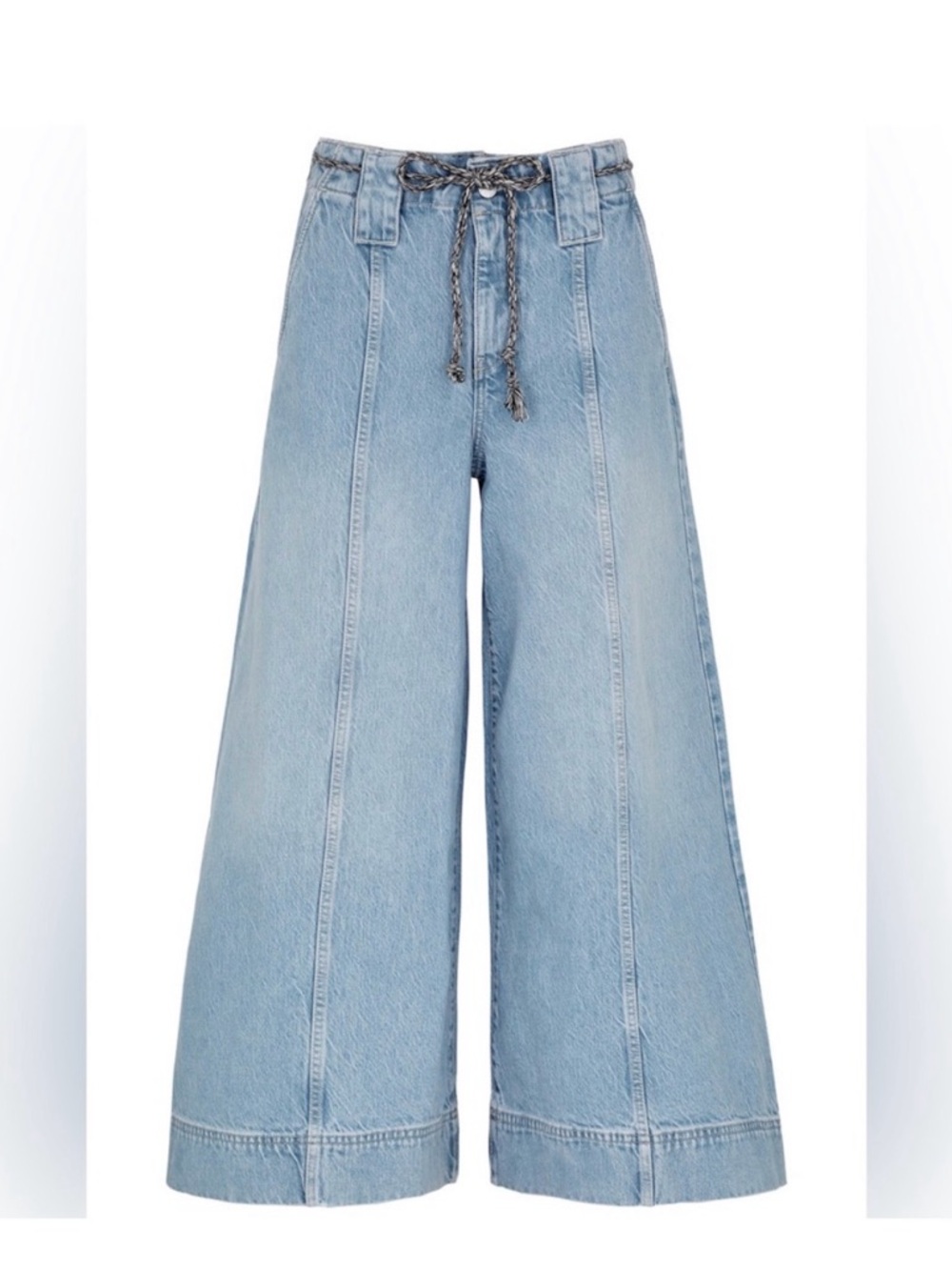 Free People Light Blue Crop Wide-Leg High-Rise Jeans with Braided Tie